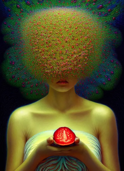 Image similar to hyper detailed 3d render like a Oil painting - Aurora (Singer) Eats of the Strangling Fruit of penance open eyes and Her Hands full of gossamer polyp blossoms bring iridescent fungal flowers whose spores black the foolish stars by Jacek Yerka, Mariusz Lewandowski, Houdini algorithmic generative render, Abstract brush strokes, Masterpiece, Edward Hopper and James Gilleard, Zdzislaw Beksinski, Mark Ryden, Wolfgang Lettl, hints of Yayoi Kasuma, octane render, 8k