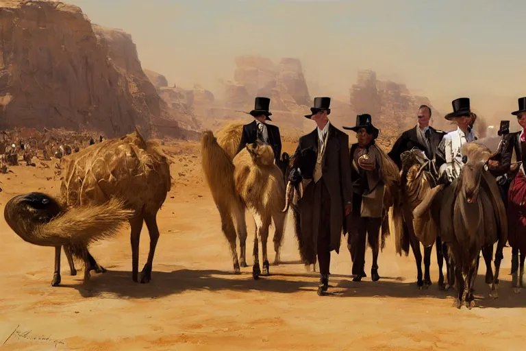 Image similar to portrait of a respectable dignified royal business elite politicians in top hats and coat tails riding on ostriches in the sahara desert throwing vanilla icecream cones at each other, art by anders zorn, wonderful masterpiece by greg rutkowski, beautiful cinematic light, american romanticism by greg manchess, jessica rossier