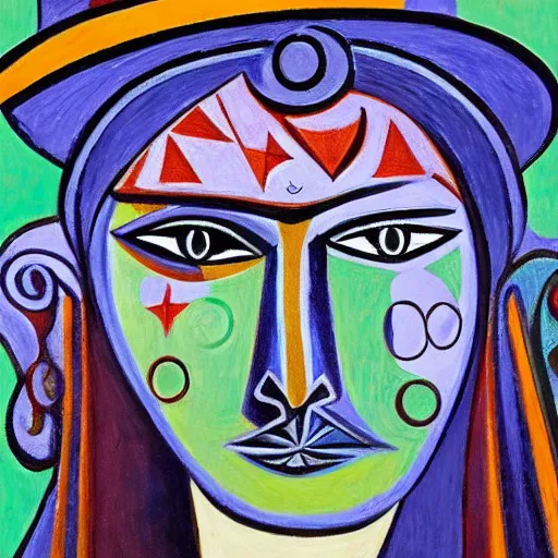 Prompt: Intricate five star Pictograph by Pablo Picasso, oil on canvas, HDR, high detail, Photo realistic, hyperrealism,matte finish, high contrast, 3d depth, Centered, masterpiece, vivid and vibrant colors, enhanced light effect, enhanced eye detail,artstationhd