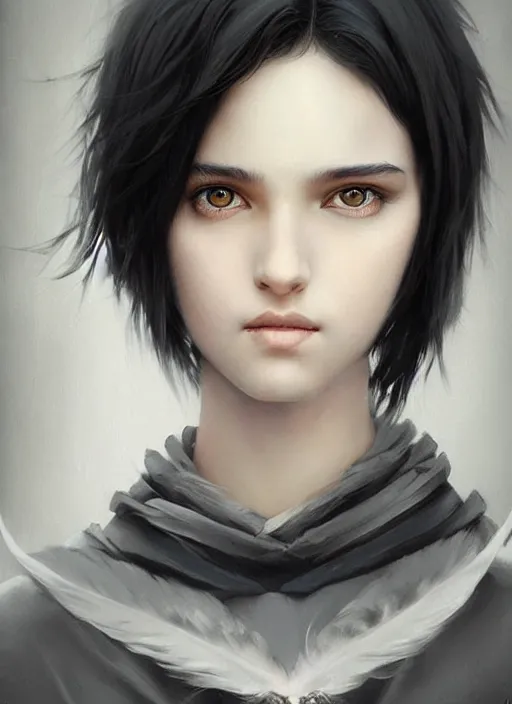 Prompt: a teenage girl with very short black hair and a huge cloak made of grey and black feathers. beautiful highly detailed face. beautiful painting by artgerm and greg rutkowski and raymond swanland, portrait