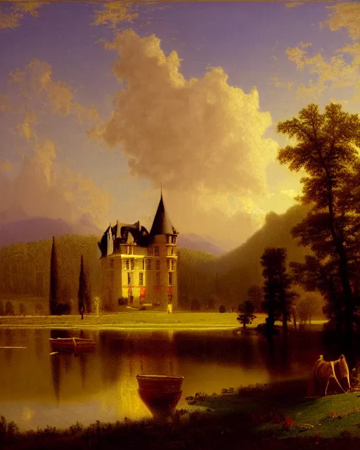 Prompt: beautiful illustration of chateau in a serene landscape, by albert bierstadt, magic realism, narrative realism, beautiful matte painting, 4 k hd wallpaper