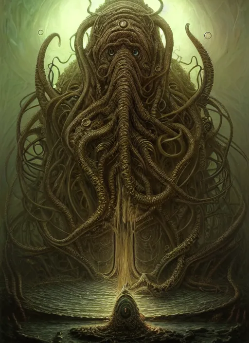 Image similar to realistic portrait of cthulu, a scenic dystopian environment, lovecraftian, intricate, elegant, highly detailed, centered, digital painting, artstation, concept art, smooth, sharp focus, illustration, artgerm, tomasz alen kopera, peter mohrbacher, donato giancola, joseph christian leyendecker, wlop, boris vallejo