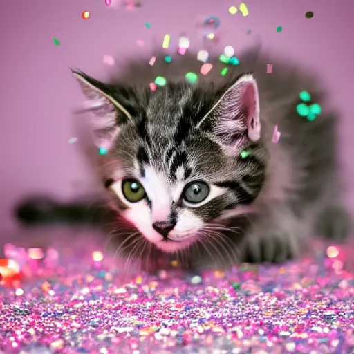 Image similar to kitten bathing itself with a glitter explosion, 8k,award winning photo