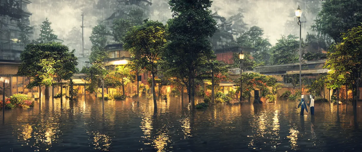 Prompt: carriership landing on raining night at flooded miniature city, emotion is on the rise on the town, cute style garden, octane render, trees, evergreen, patio, garden, wet atmosphere, tender, soft light misty yoshitaka amano, and artgerm, pixel art