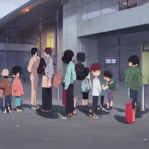 Prompt: A family saying goodbye to their children at a busy plane train station, by Dice Tsutsumi, Makoto Shinkai,