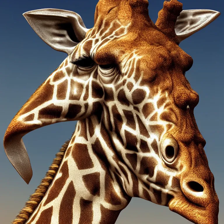 Prompt: extreme close - up portrait octane render by wayne barlow and carlo crivelli and glenn fabry, a giant tall giraffe wearing a silver helmet, inside an african savannah, very short depth of field, bokeh