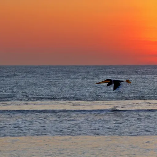 Image similar to award - winning photo of a white pelican in flight as seen from below. in the background we see the ocean and a pinkish hue sunset