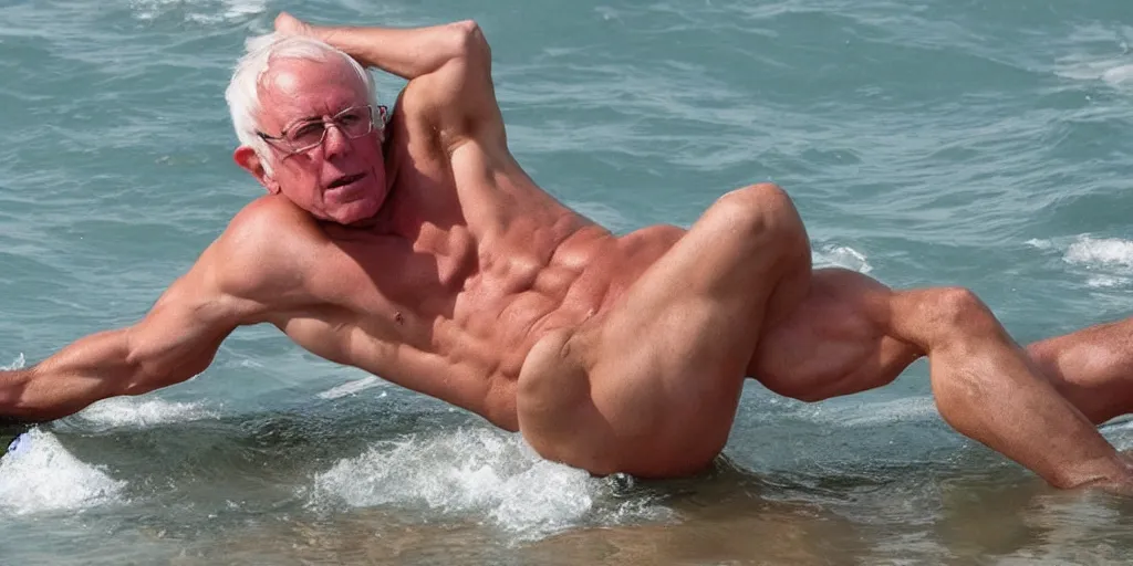 Prompt: muscular, bernie sanders, bikini