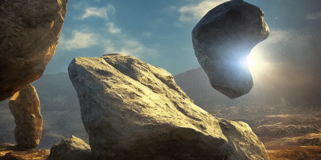 Prompt: hd photo of a giant stone suspended in mid air, high definition, detailed, atmospheric lighting, golden hour, scifi, 8K detail post-processing, artstation