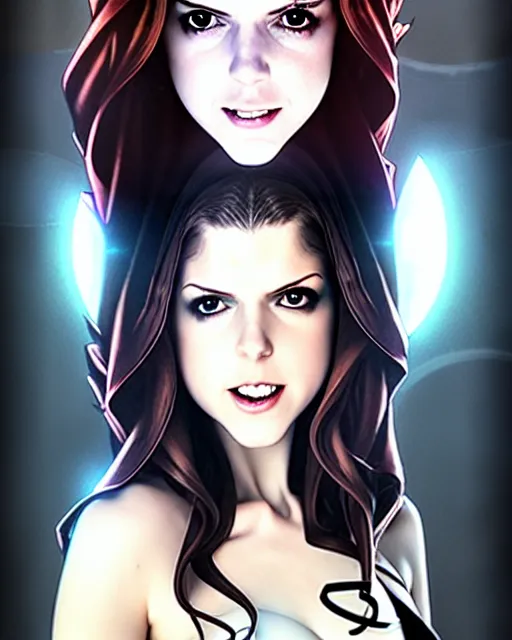 Image similar to ultra realistic, beautiful Anna Kendrick Zatanna DC Comics waist up floating, on stage, symmetrical face symmetrical eyes, smiling, modern anime, fantasy, eerie, intricate details, atmospheric, elegant, super highly detailed, professional digital painting, artstation, concept art, 8k, art by artgerm and eiichiro oda and koyoharu gotouge