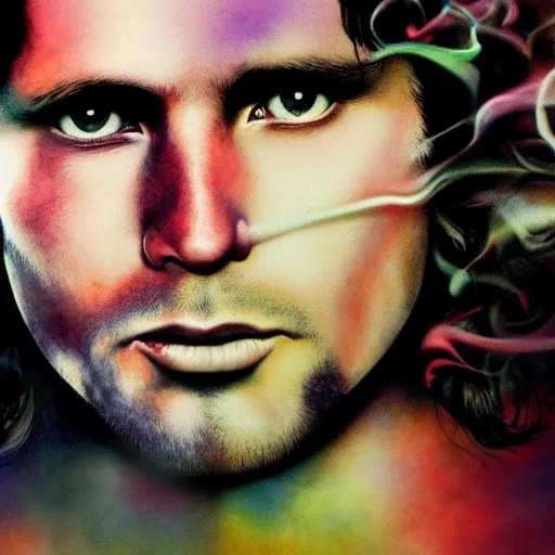 Prompt: colour masterpiece surreal closeup portrait photography jim morrison by miho hirano and annie leibovitz and michael cheval, psychedelic smoke background, 8 k