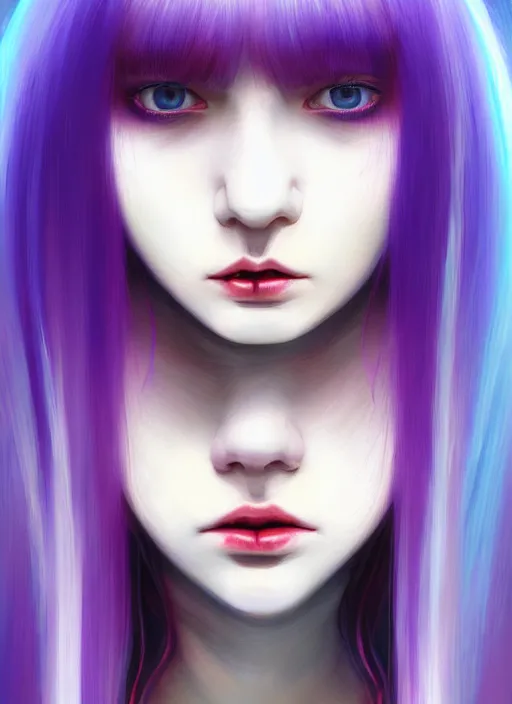 Image similar to hair whitebangs hair, black hair, whitebangs, portrait of teenage girl with white bangs, red irises, purple clothes, white bangs, bangs are different color from hair, intricate, elegant, glowing lights, highly detailed, digital painting, artstation, concept art, smooth, sharp focus, illustration, art by wlop, mars ravelo and greg rutkowski