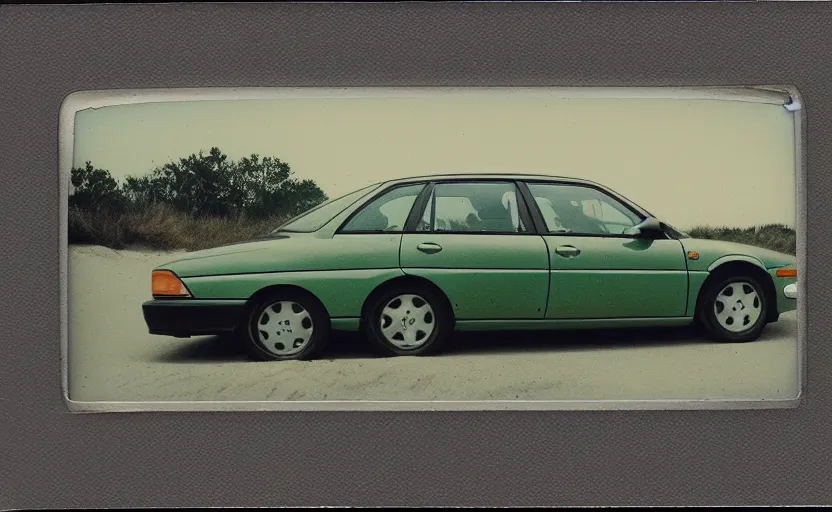 Prompt: vintage polaroid photograph of a 1998 volvo car parked in the parking lot of a beach, photograph tinted green