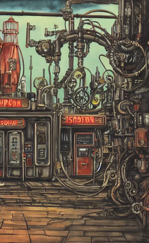 Prompt: steampunk gas station, closeup, gouache, sci - fi, cinematic