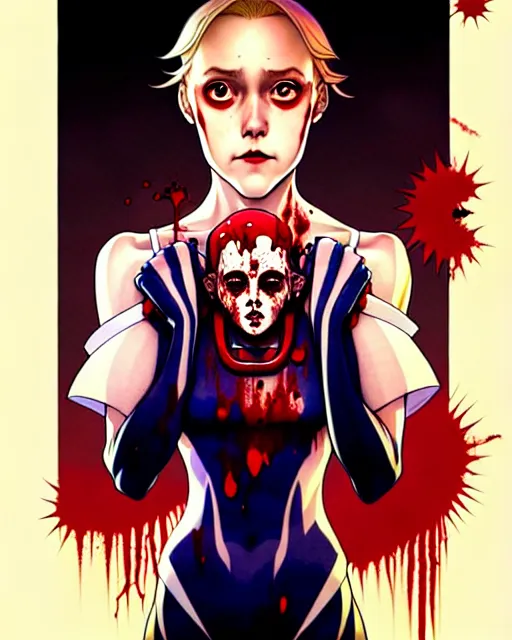 Prompt: artgerm, joshua middleton comic cover art, pretty serial killer maika monroe full body, creepy smiling, covered in blood, symmetrical eyes, symmetrical face, long curly brown hair, standing in front of an abandoned house background