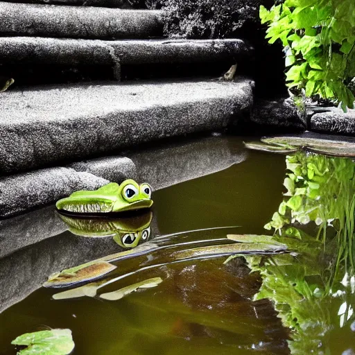 Prompt: an old silent pond... a frog jumps into the pond, splash! silence again.