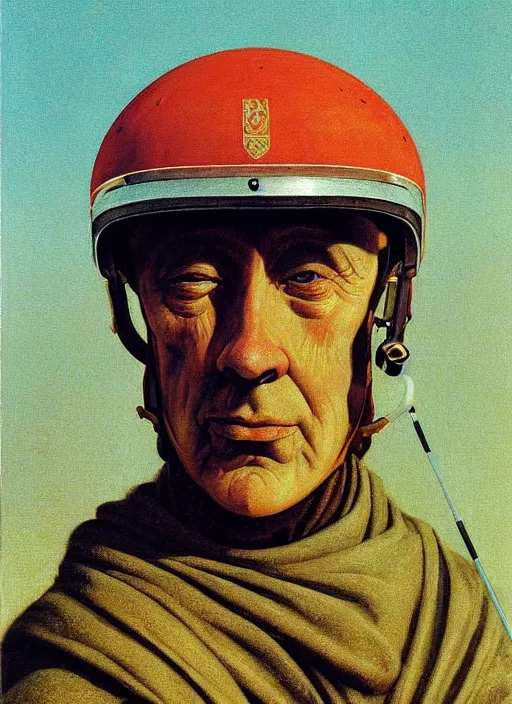 Prompt: beautiful extreme closeup portrait photo Emperor in style of frontiers in helmet motoracing dirt Helmets of Emperor Charles V the Wise, with a golf club, science fashion magazine September, retrofuturism edition, highly detailed, soft lighting, elegant , lighting, 35mm , Edward Hopper and James Gilleard, Zdzislaw Beksinski, Steven Outram, highly detailed