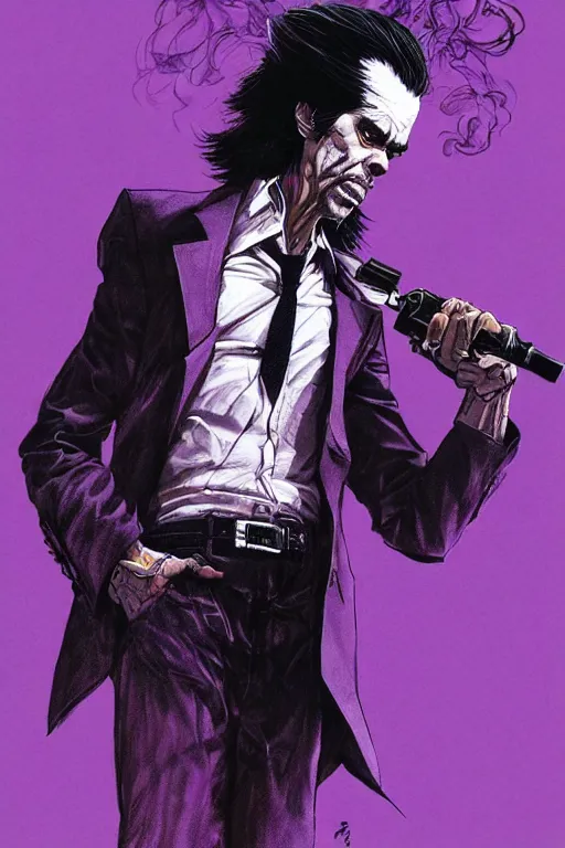 Prompt: full body portrait of nick cave with a lot of purple smoke coming out of his mouth, concept art, sumi - e style, intricate linework, artstation, trending, highly detailed, smooth, focus, art by yoji shinkawa and glenn fabry,