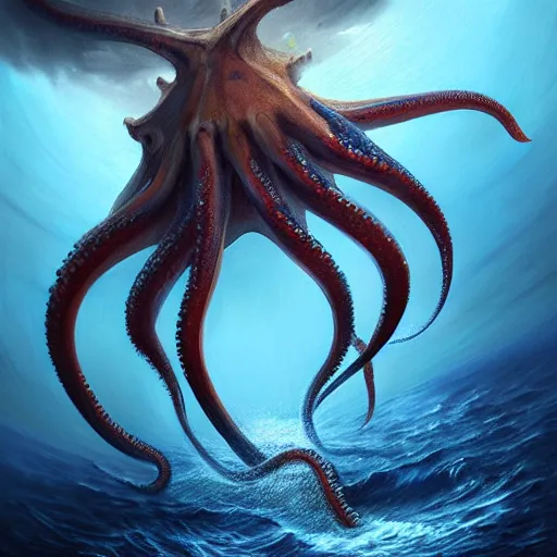 Image similar to a dream fantasy painting of a giant octopus in the deep of the ocean attack a man, by beksinki, giger, greg rutkowski, carne griffith trending on artstation, deviantart, photorealism