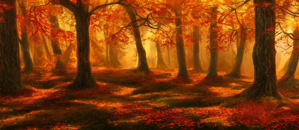Prompt: landscape painting of an autumn forest, renaissance, ultra detailed, 4 k, hd, artstation, wallpaper, cinematic composition, low saturation, high contrast