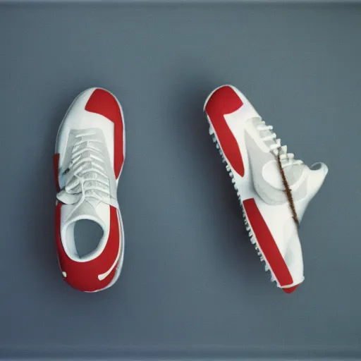 Image similar to a studio photoshoot of A Nike sneaker designed by Virgil Abloh and Jerry Lorenzo, Off-White, realistictic, color film photography by Tlyer Mitchell, 35 mm, graflex