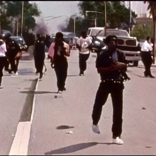 Prompt: film still, black rioters, in Los Angeles 1992 Riots