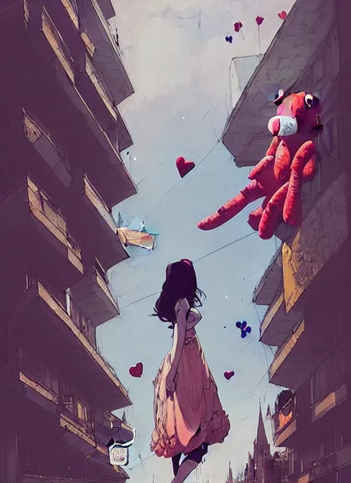 Prompt: evil girl in dress kiss on giant magic teddy bears on the street in a fabulous beautiful city, fairy tale, comics, paint, digital art, pencil and ink, matte painting and comic book art, view from afar, extreme perspective, landscape, very comical, epic composition, fantasy, by conrad roset, concept art