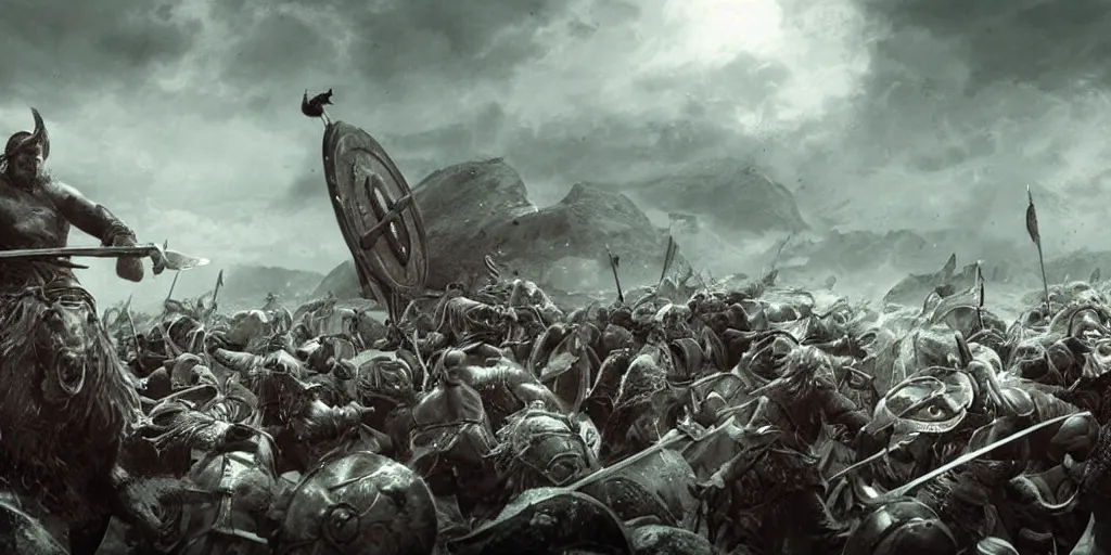 Prompt: an epic viking battle scene, concept art, realistic, detailed, epic scenery, blood