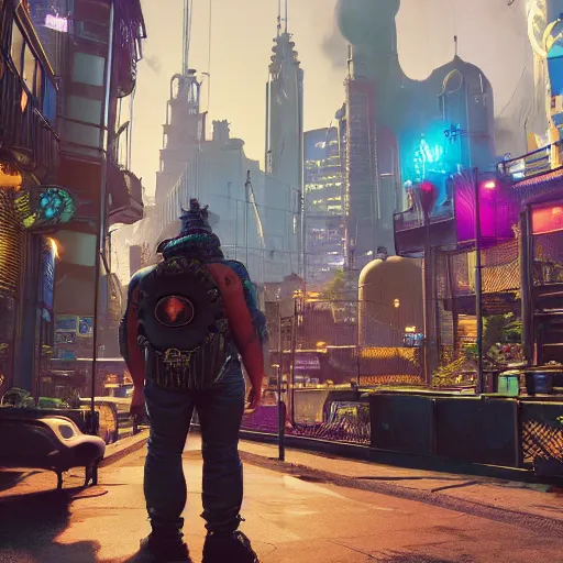 Prompt: Steampunk version of Sulley from Monsters Inc in Night City Cyberpunk 2077, 8k, highly detailed urban background with flying cars, hazy, tropical, partly sunny, ultra realistic, octane, ue5
