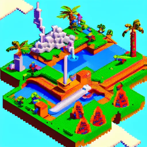 Image similar to Isometric pixel art 3D Fantasy Island, very realistic, no background, very colourful, cinematic lighting, cgi render, trending on Artstation