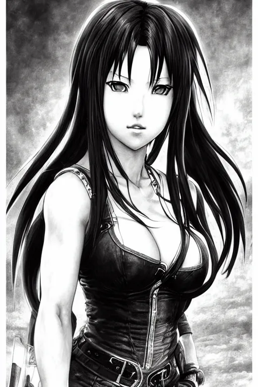 Image similar to highly detailed manga line art portrait of tifa from Final Fantasy, very detailed, realistic, by Stanley Artgerm Lau, greg rutkowski, thomas kindkade, alphonse mucha, loish, norman rockwell J.