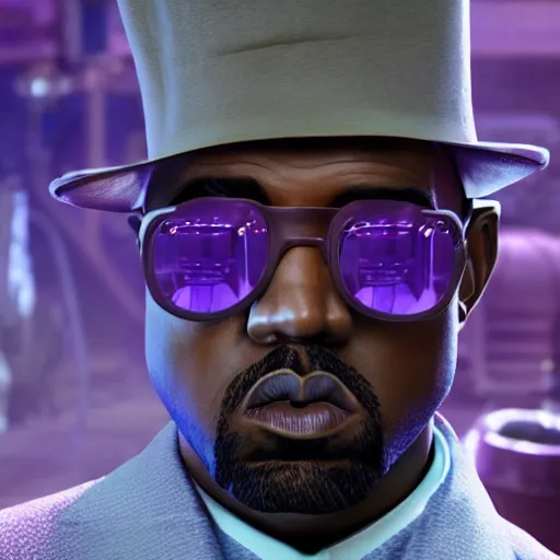 Image similar to Kanye West as willy wonka in fallout new vegas, splash art, movie still, cinematic lighting, dramatic, octane render, long lens, shallow depth of field, bokeh, anamorphic lens flare, 8k, hyper detailed, 35mm film grain