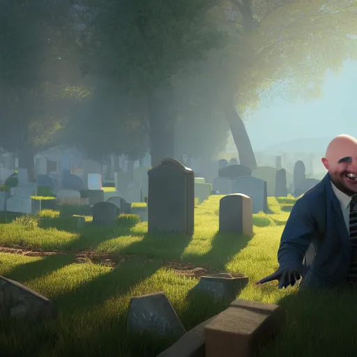 Image similar to my bald, gay friend mike, 3 d model, photorealistic, dynamic shadows, morning light, in a graveyard, smiling, unreal engine, octane render, artstation, 4 k