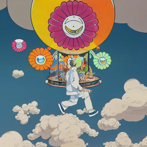 Image similar to a man walking on clouds above kyoto by takashi murakami, beeple and james jean, aya takano color style, 4 k, super detailed