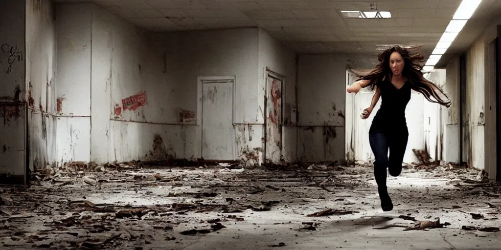 Prompt: Jennifer Love Hewitt running away from a serial killer in a scary abandoned highschool, hyper detailed, cinematic, movie still