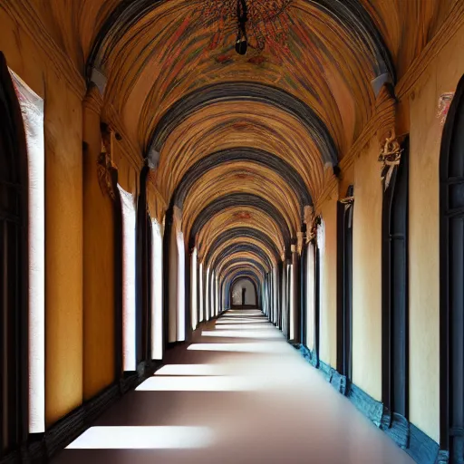 Image similar to a long colorful asylum hallway, arched ceiling, one point perspective, vanishing point, symmetrical composition, rich colors, dramatic lighting, by lee madgwick, photorealistic, v - ray render 8 k uhd