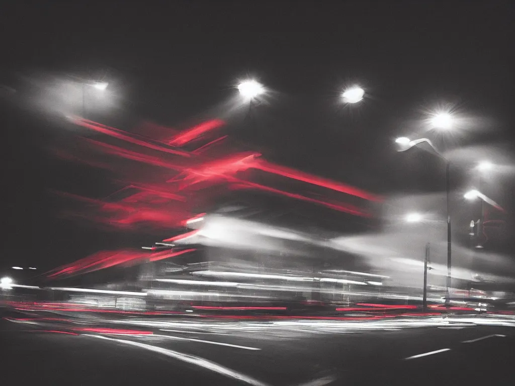 Image similar to “photography of busy intersection, motion blur , fog, red lights, night, mood, atmospheric, full of colour, digital photography”