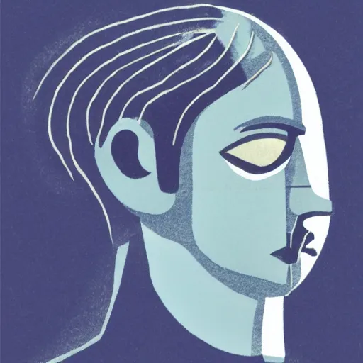 Image similar to matte portrait of a depressed man, by jack gaughan, minimalist illustration, blue color scheme