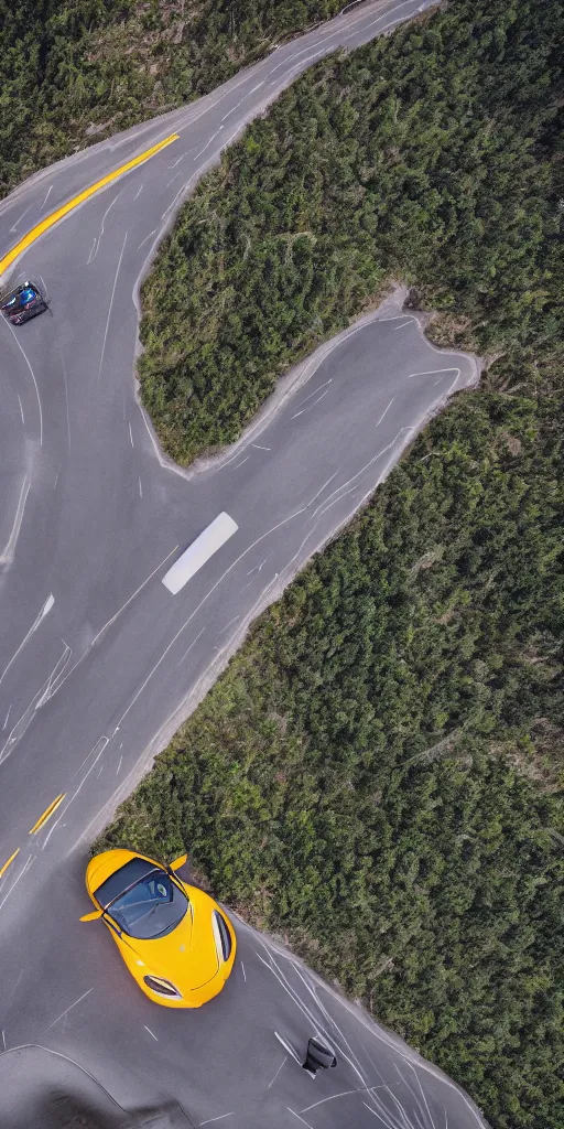 Image similar to detailed dji mavic flying over a mountain road with a super car on it, photo, kodak portra 4 0 0, direct flash, cinematic lightning, anti aliasing