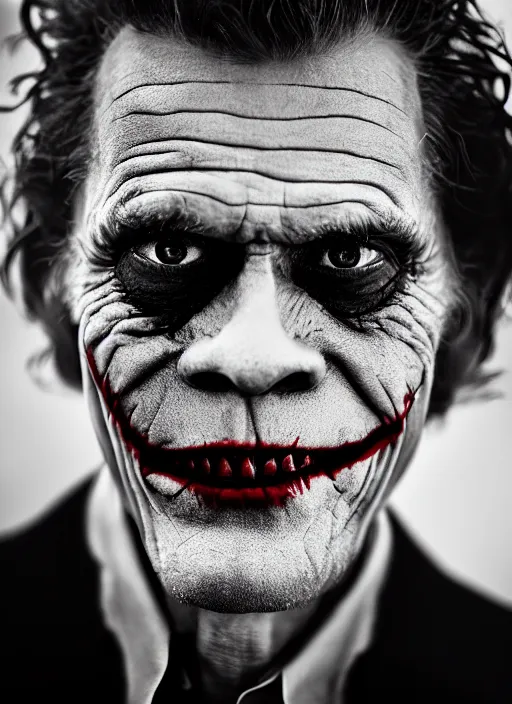 Prompt: photo of Willem Dafoe as the Joker by Lee Jeffries, head shot, detailed, award winning, Sony a7R