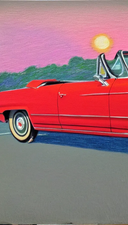 Image similar to polaroid of a 1 9 6 3 red cadillac convertible in the distance driving down empty highway into an orange sunrise, oil pastel, high detail, realistic, vintage, surrealcore, 4 k