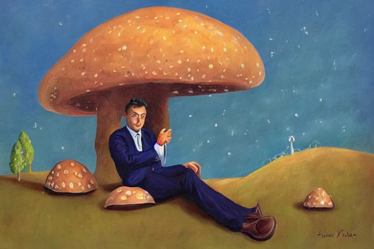 Image similar to sad orban viktor sitting under a big mushroom, surreal oil painting