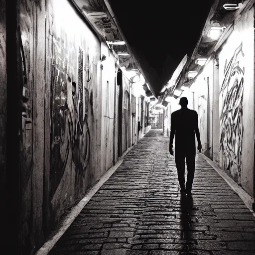 Prompt: a detailed photo of a lonely man walking down a claustrophobic narrow street at night with neon signs, graffiti in kolkata, india in the style of ansel adams, man ray