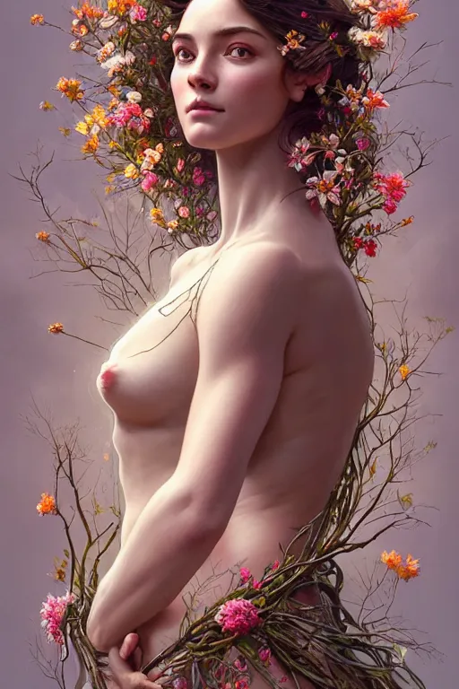 Prompt: symmetry!! full body portrait!!!! of a beautiful!!!! girl, pretty face, decorated with twigs and flowers, intricate, elegant, highly detailed, digital painting, artstation, concept art, smooth, sharp focus, illustration, art by artgerm and greg rutkowski and alphonse mucha, 8 k