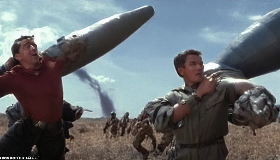 Image similar to Big budget movie scene, the hero clings to a flying nuclear missile as he tries to disarm it