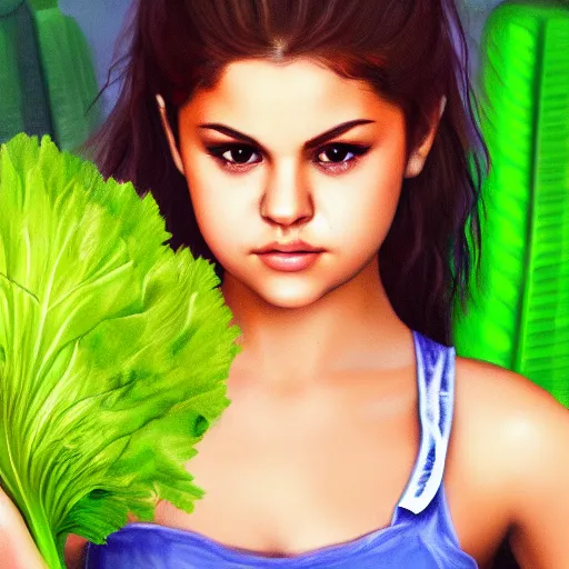 Image similar to photorealistic digital painting of selena gomez as celery, hd, artstation, 4 k wallpaper