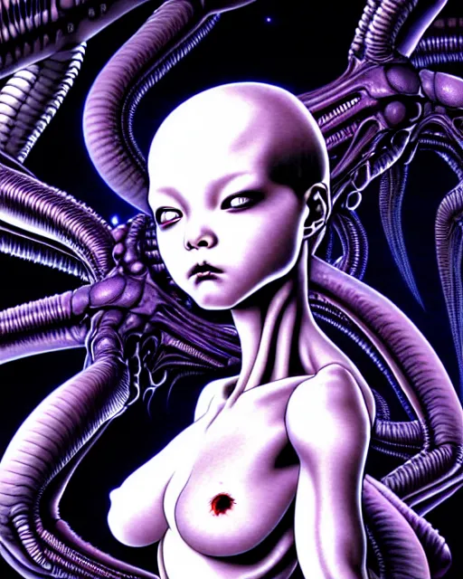 Prompt: newborn from alien by yukito kishiro, by yukito kishiro, by yukito kishiro, by hr giger, hd, hyper detailed, 4 k