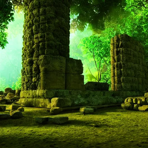 Image similar to ancient greek temple ruins in a lush rainforest, photorealistic, cinematic, filmic, volumetric lighting