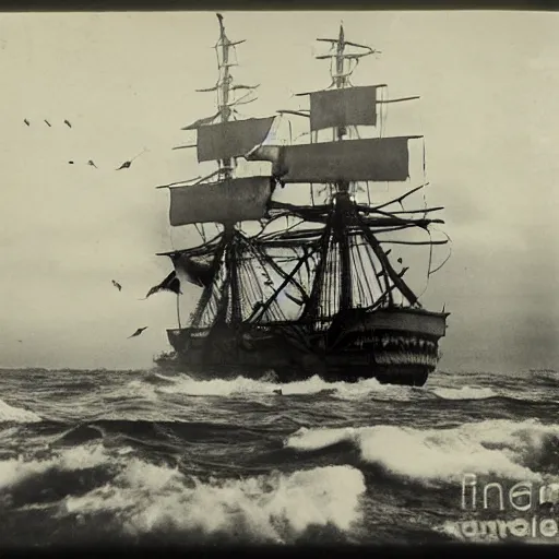 Prompt: an impossibly huge pirate ship, being attacked by a kraken. 1910s photograph