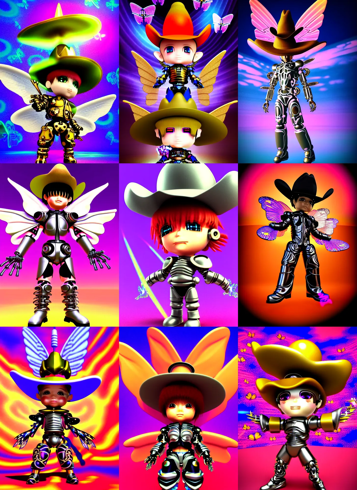 Prompt: 3 d render of chibi cyborg knight by ichiro tanida wearing a big cowboy hat and wearing angel wings against a psychedelic swirly background with 3 d butterflies and 3 d flowers in the style of 1 9 9 0's early cgi graphics, 3 d rendered y 2 k aesthetic by ichiro tanida, 3 do magazine